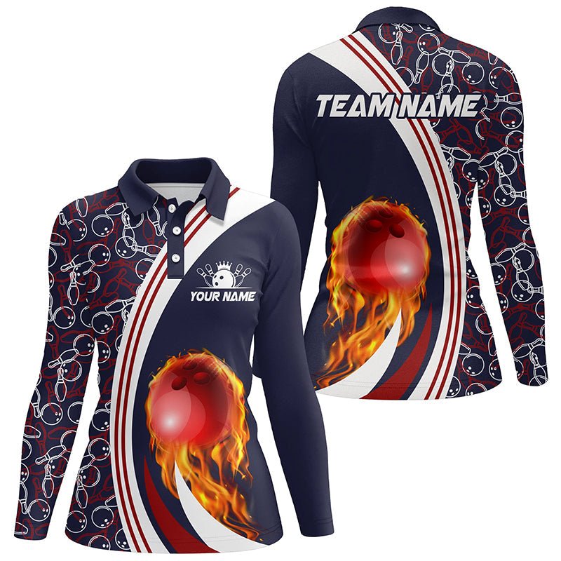 Personalisierte Bowling-Polo-Shirts für Damen | Individuelles Camouflage-Design | Feuer-Bowlingkugel-Motiv | Bowling-Team-Liga-Trikots | Navy Q6716 - Climcat