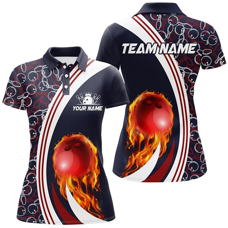 Personalisierte Bowling-Polo-Shirts für Damen | Individuelles Camouflage-Design | Feuer-Bowlingkugel-Motiv | Bowling-Team-Liga-Trikots | Navy Q6716 - Climcat