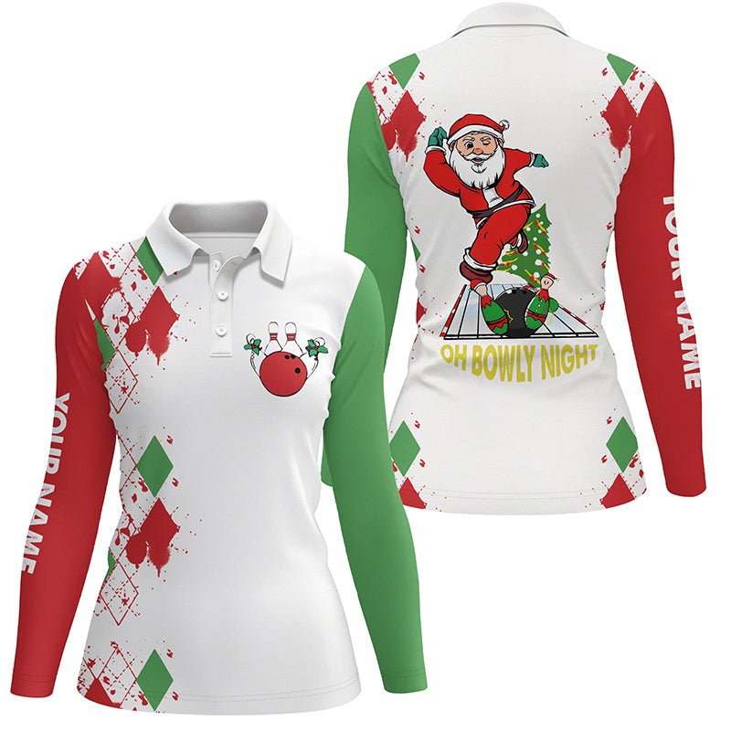 Personalisierte Bowling-Polo-Shirts für Damen - Lustige Weihnachts-Bowling-Shirts mit Santa-Motiv - Weiß - Oh Bowly Night - Q6883 - Climcat