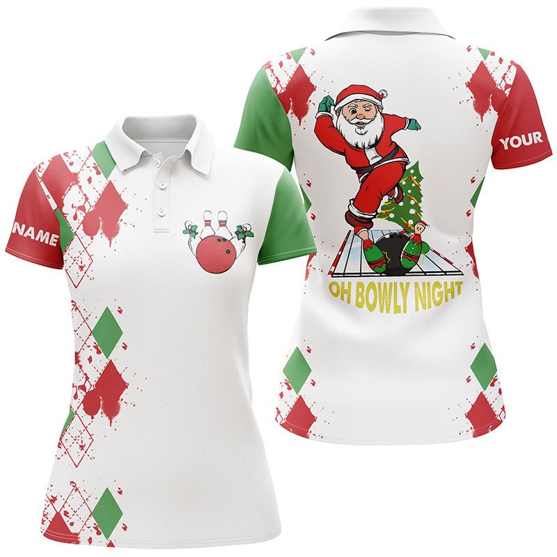 Personalisierte Bowling-Polo-Shirts für Damen - Lustige Weihnachts-Bowling-Shirts mit Santa-Motiv - Weiß - Oh Bowly Night - Q6883 - Climcat