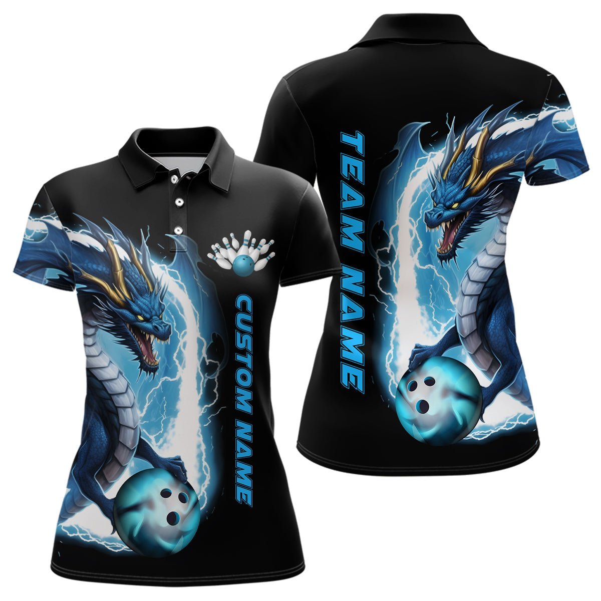 Personalisierte Bowling-Polo-Shirts für Damen mit blauem Donnerblitz-Drachenmuster - Dragon Bowling Team Trikots P5337 - Climcat