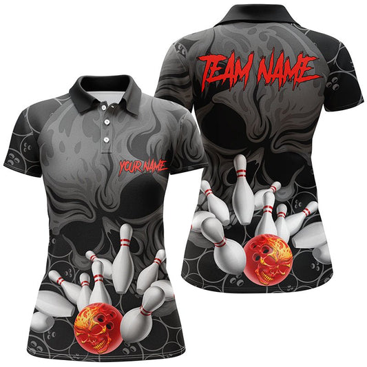 Personalisierte Bowling-Polo-Shirts für Damen mit individuellem Flammen-Schädel-Design - Bowling-Teamtrikots P5366 - Climcat