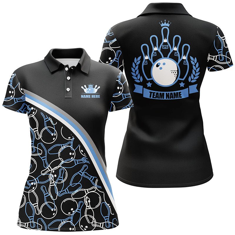 Personalisierte Bowling-Polo-Shirts für Damen mit individuellem Namen, schwarz-blauem Bowling-Muster, Bowling-Team-Shirts Q5442 - Climcat