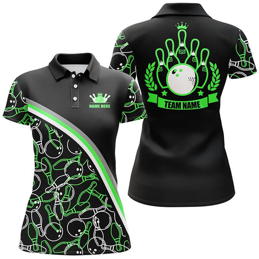 Personalisierte Bowling-Polo-Shirts für Damen mit individuellem Namen, schwarz-grünem Bowling-Muster, Bowling-Team-Shirt Q5443 - Climcat