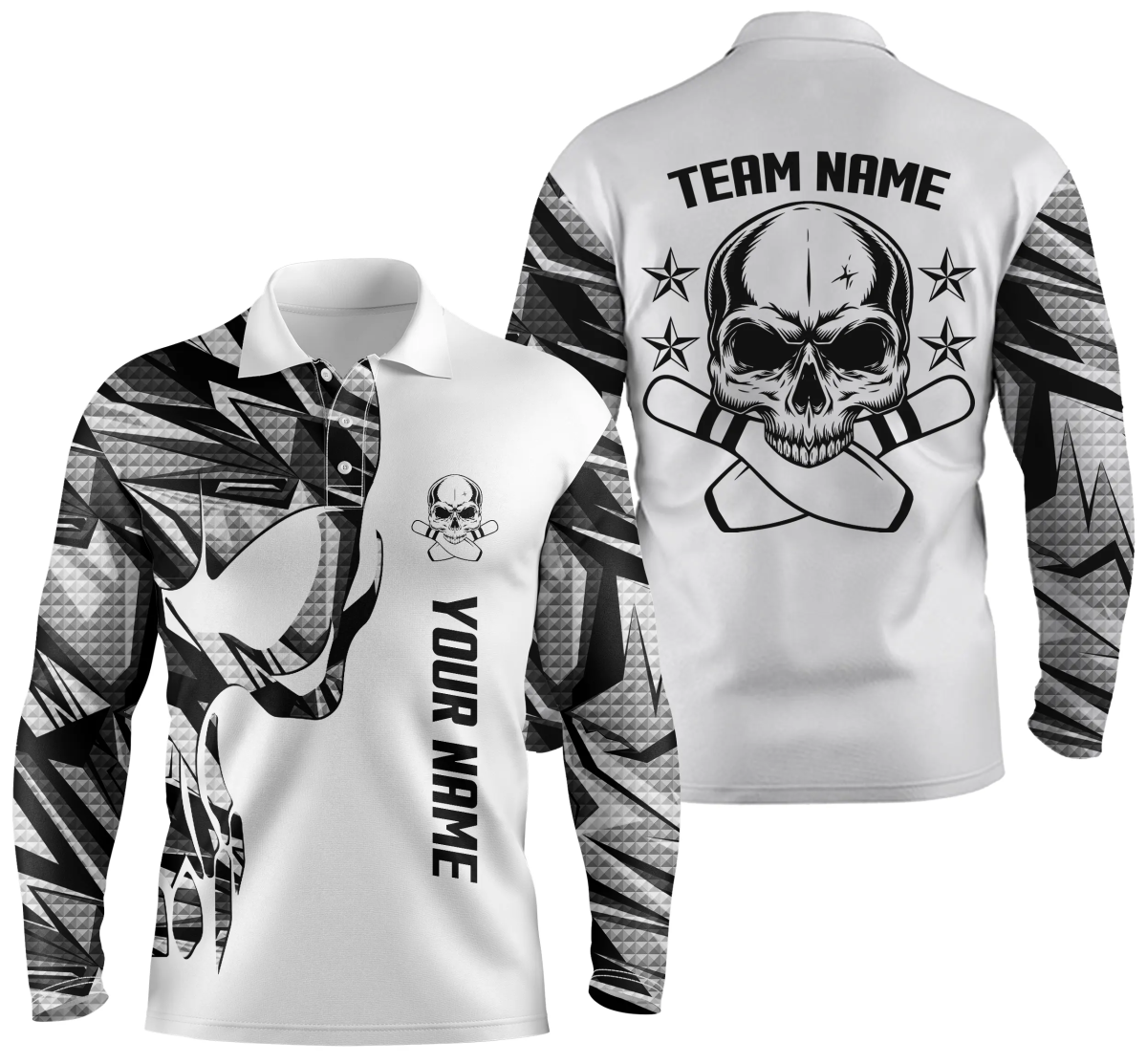 Personalisierte Bowling-Polo-Shirts für Herren in Weiß mit Tarnmuster, individuellem Namen und Teamnamen Skull Bowling, Team-Bowling-Shirts Q4699 - Climcat
