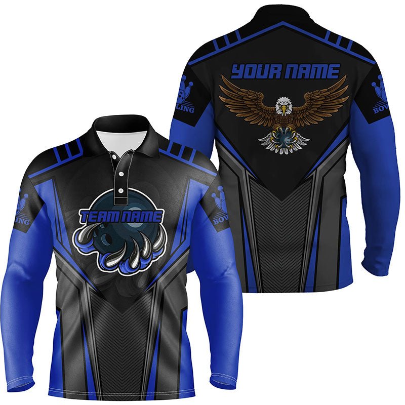 Personalisierte Bowling-Poloshirts mit individuellem Namen und Teamnamen für Herren, Eagle Herren Bowling Team Shirts | Blau Q4631 - Climcat