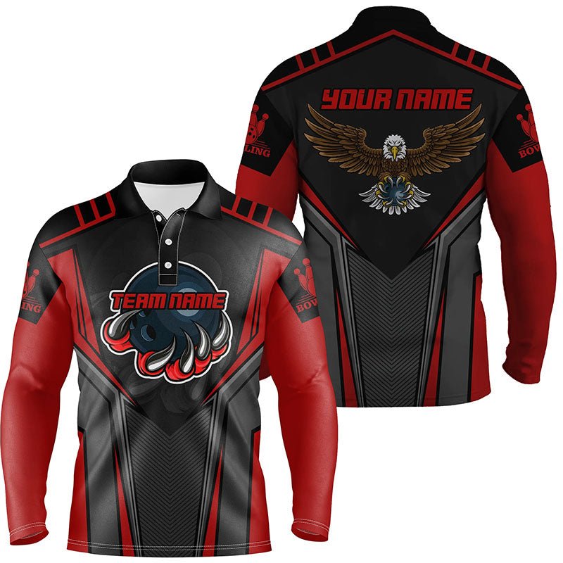 Personalisierte Bowling-Poloshirts mit individuellem Namen und Teamnamen für Herren, Eagle Herren Bowling Team Shirts | Rot Q4631 - Climcat