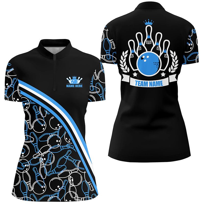 Personalisierte Bowling-Quarter-Zip-Shirts für Damen mit individuellem Namen, schwarz-blauem Bowling-Muster, Teamshirts Q5277 - Climcat