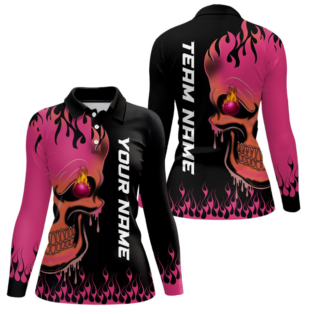 Personalisierte Bowling-Shirt für Damen mit Pink Flame Bowling Skull Design - Team Liga Trikots als Geschenk für Bowler Q6835 - Climcat