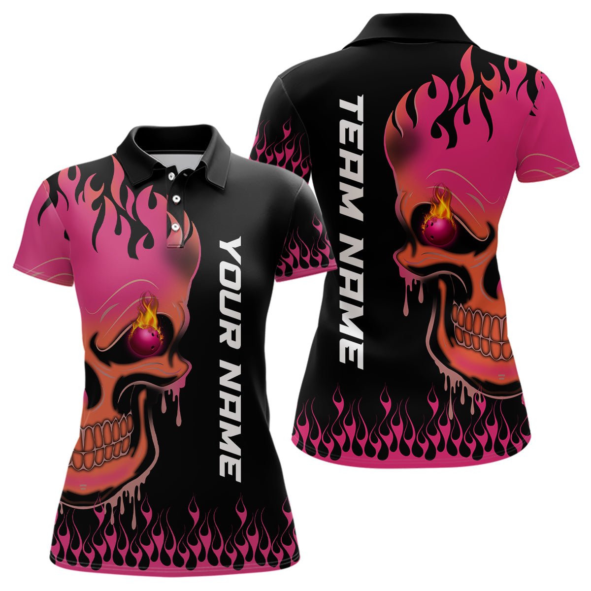 Personalisierte Bowling-Shirt für Damen mit Pink Flame Bowling Skull Design - Team Liga Trikots als Geschenk für Bowler Q6835 - Climcat