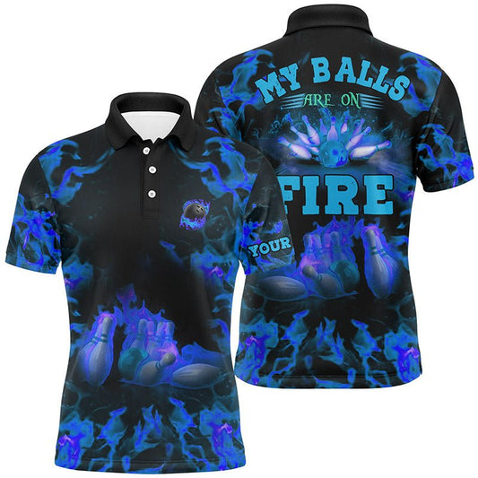 Personalisierte Bowling-Shirt mit blauem Flammen-Design und individuellem Namen - Meine Bälle sind in Flammen - Bowling-Polo-Shirts für Herren, Bowling-Jerseys Q6457 - Climcat
