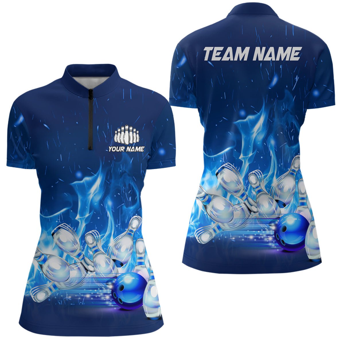 Personalisierte Bowling-Shirts für Damen - Blaue Flammen Bowling Team Trikot - Bowling Liga Outfits - Geschenke für Bowlerinnen - P5493 - Climcat