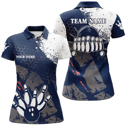 Personalisierte Bowling-Shirts für Damen in Navy und Weiß | Retro Bowlingkugeln und Bowling-Pins | Individuelle Bowling-Team-Liga Trikots Q6313 - Climcat