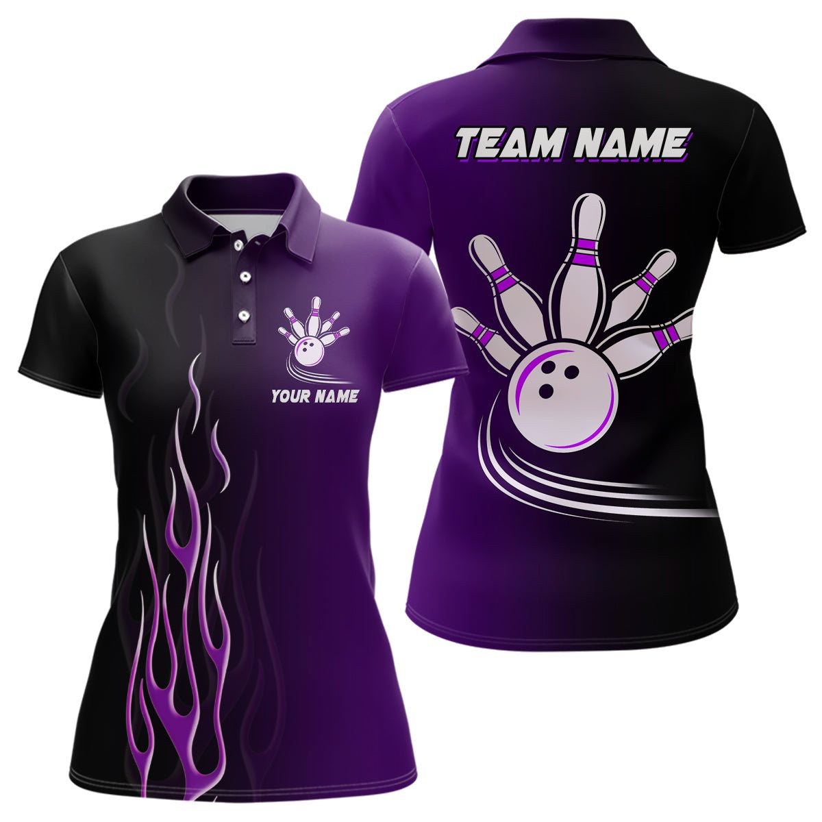 Personalisierte Bowling-Shirts für Damen in Schwarz-Lila Verlauf, maßgeschneidert für Bowling-Liga, Geschenke für Bowling-Team Q7056 - Climcat