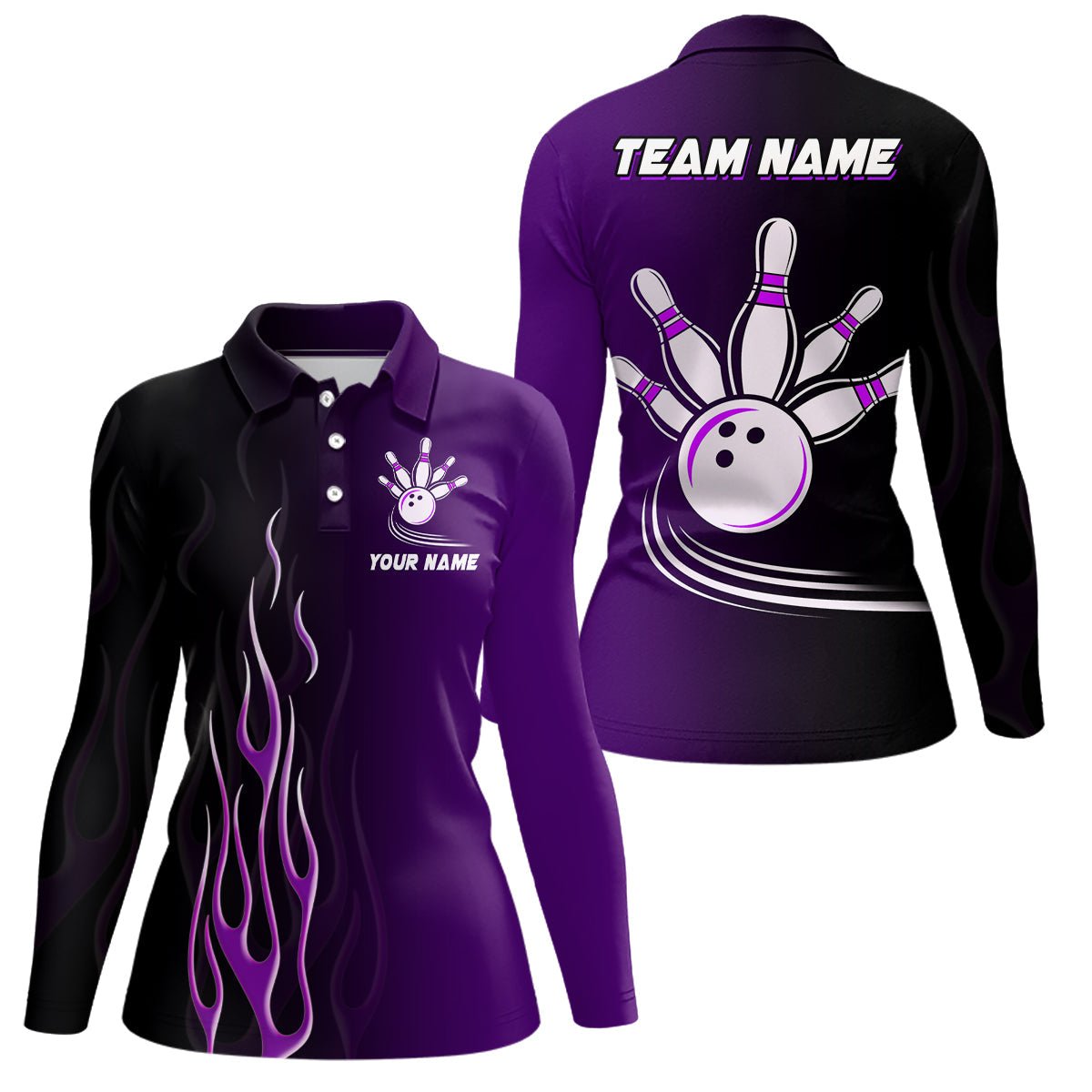 Personalisierte Bowling-Shirts für Damen in Schwarz-Lila Verlauf, maßgeschneidert für Bowling-Liga, Geschenke für Bowling-Team Q7056 - Climcat