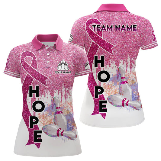 Personalisierte Bowling-Shirts für Damen - Pinkes Glitzerband Brustkrebs-Awareness - Individuelles Team Bowling Polo Shirt Q6555 - Climcat