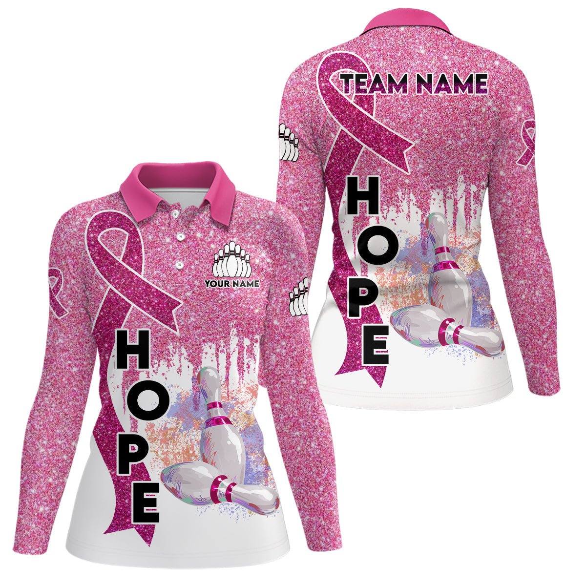 Personalisierte Bowling-Shirts für Damen - Pinkes Glitzerband Brustkrebs-Awareness - Individuelles Team Bowling Polo Shirt Q6555 - Climcat