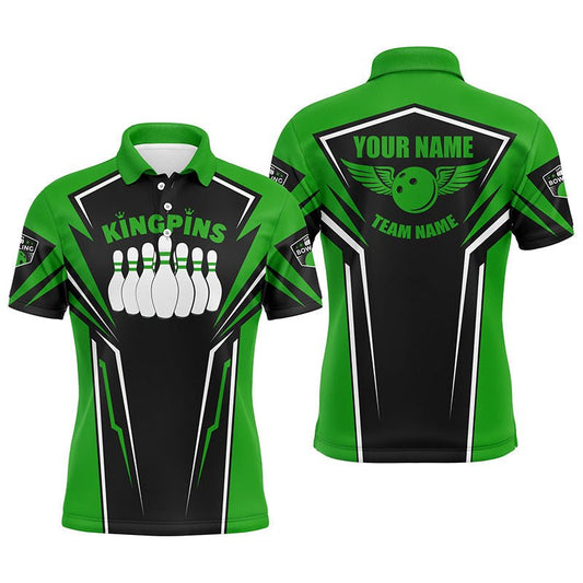 Personalisierte Bowling-Shirts für Herren mit individuellem Namen und Teamnamen | King Pins Bowling Trikots | Grün Q4522 - Climcat
