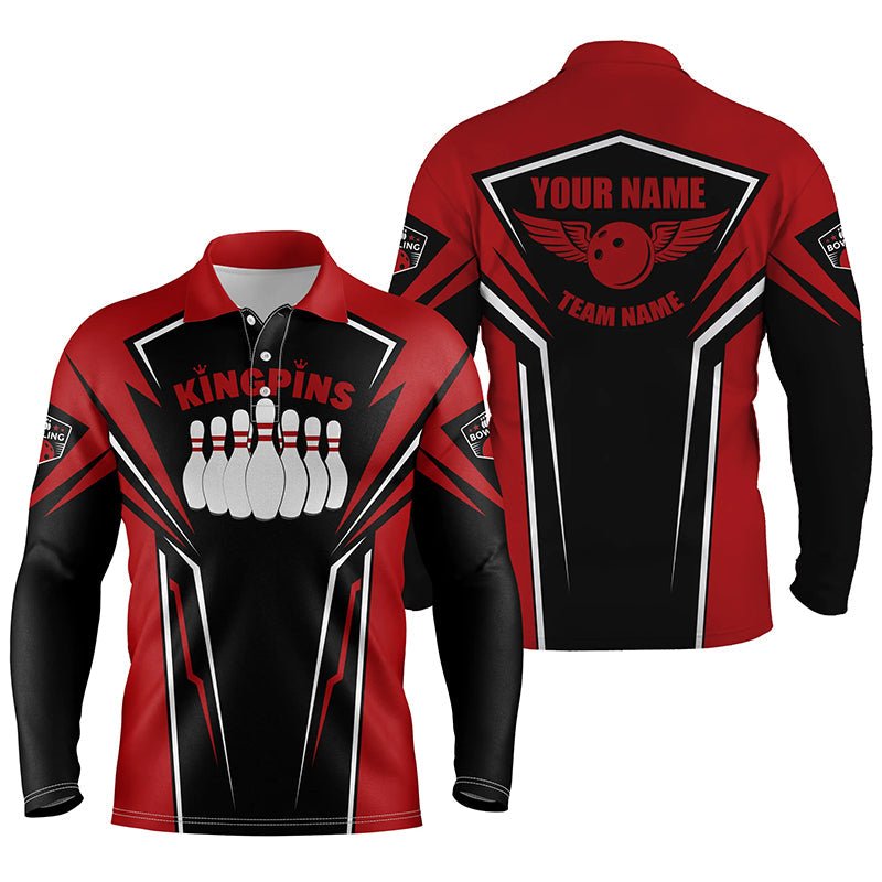 Personalisierte Bowling-Shirts für Herren mit individuellem Namen und Teamnamen | King Pins Bowling Trikots | Rote Bowling Team Shirts Q4522 - Climcat
