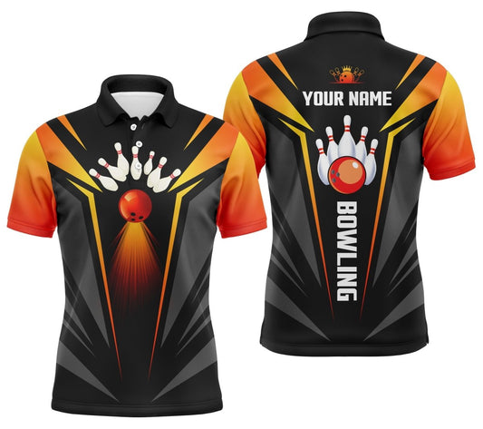 Personalisierte Bowling-Shirts für Herren - Teamshirt mit Bowlingkugel und Pins, schwarz-orange, Q4458 - Climcat