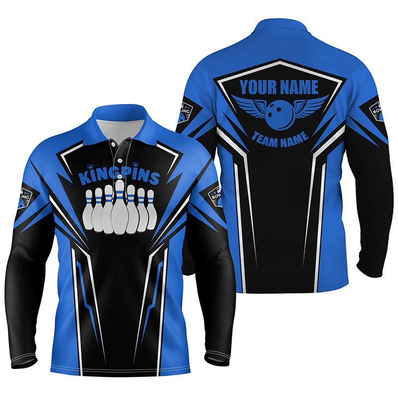 Personalisierte Bowlinghemden für Herren mit individuellem Namen und Teamnamen | King Pins Bowling Trikots, Bowling Team Shirts | Blau Q4522 - Climcat