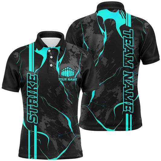 Personalisierte Cyan Blaue Strike Bowling Shirts für Herren - Polo Blue Camo Bowling Team Trikots für Bowling Liga - P5383 - Climcat