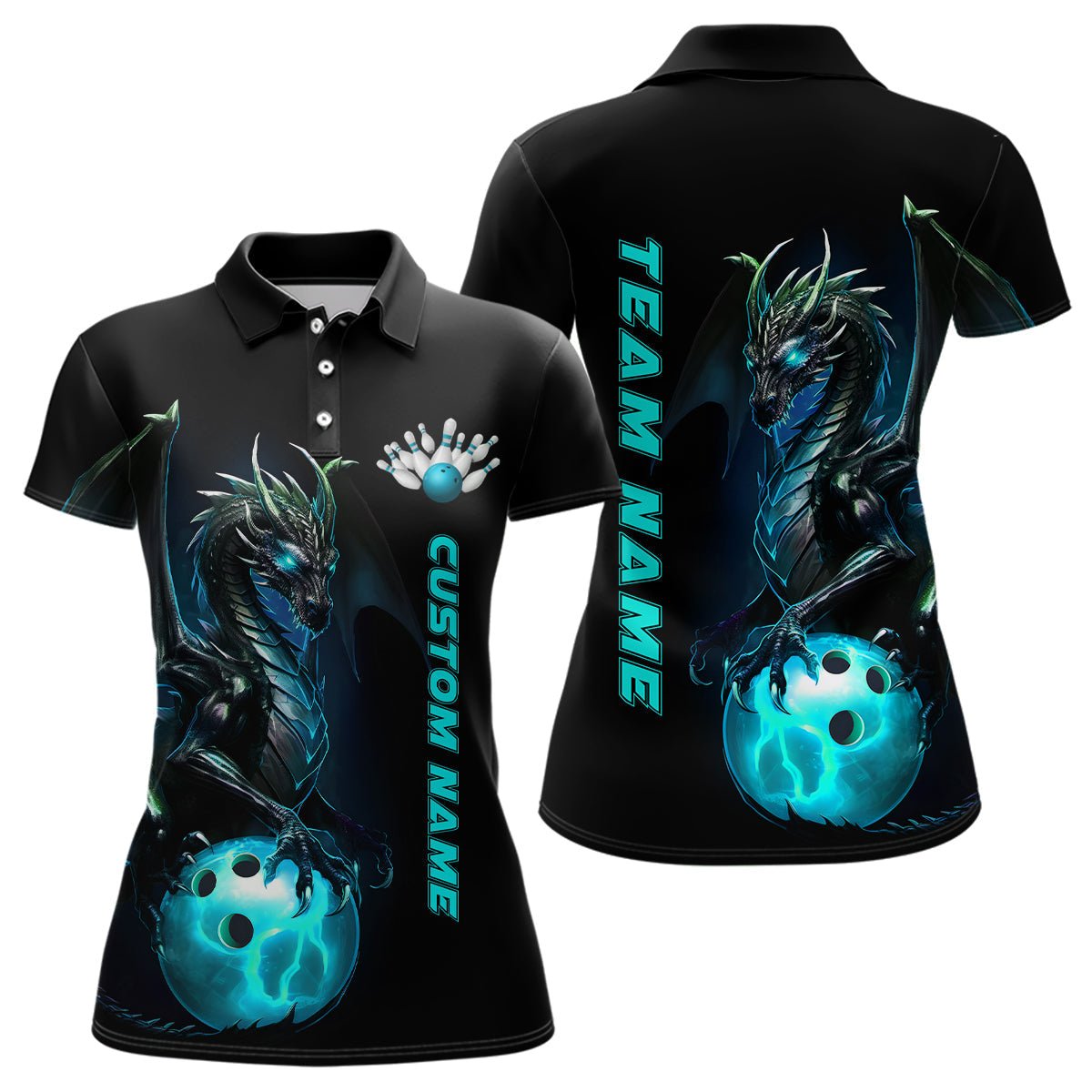 Personalisierte Damen Bowling Polo Shirts - Blaue Drachen Bowling Team Trikots - Bowling Liga Shirts P5351 - Climcat