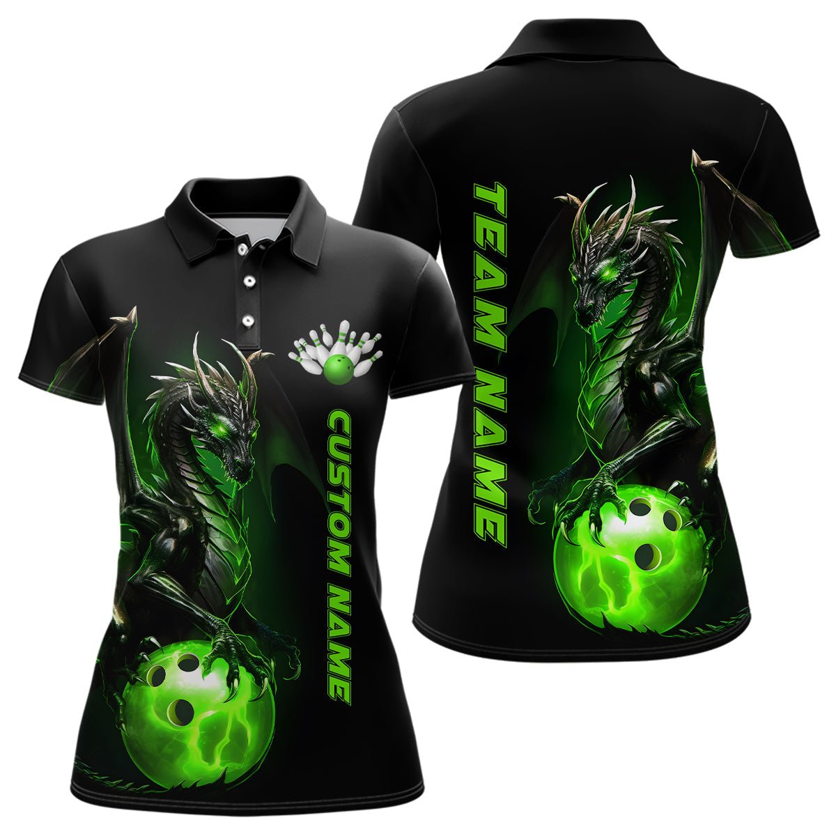 Personalisierte Damen Bowling Polo Shirts - Grün - Drachen Bowling Team Trikots - Bowling Liga Shirts P5350 - Climcat