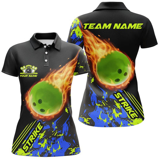 Personalisierte Damen Bowling Polo Shirts - Grün, Flammenmuster, Bowlingkugel Strike - Bowling Team Trikots P5421 - Climcat