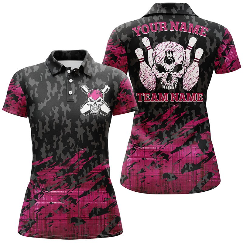 Personalisierte Damen Bowling Polo Shirts mit individuellem Namen und Teamnamen in Pink, Bowling Skelett, Team Damen Bowling Shirts Q4539 - Climcat