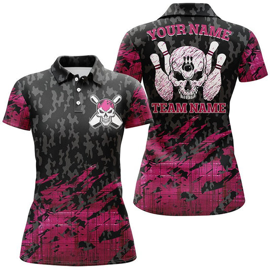 Personalisierte Damen Bowling Polo Shirts mit individuellem Namen und Teamnamen in Pink, Bowling Skelett, Team Damen Bowling Shirts Q4539 - Climcat