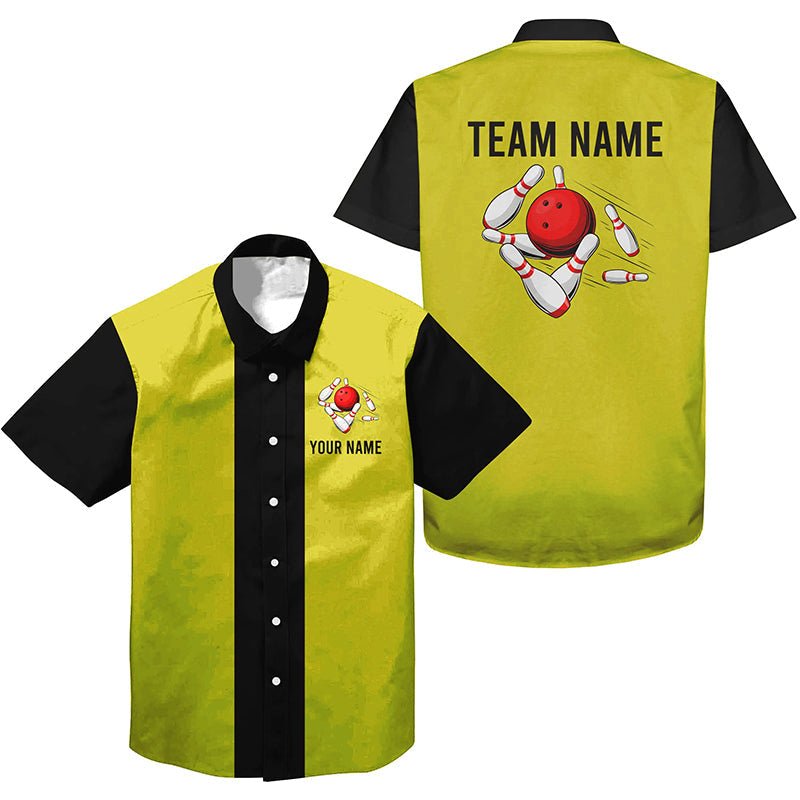 Personalisierte Gelb Schwarze Retro Bowling-Hawaiihemden - Individuell gestaltete Vintage-Teamhemden mit Knopfleiste Q6981 - Climcat