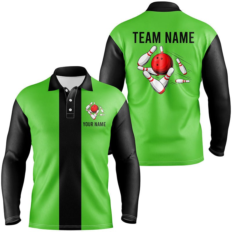 Personalisierte grün-schwarze Retro-Bowling-Polo-Shirts für Herren - individuelle Vintage-Bowling-Teamtrikots Q6804 - Climcat