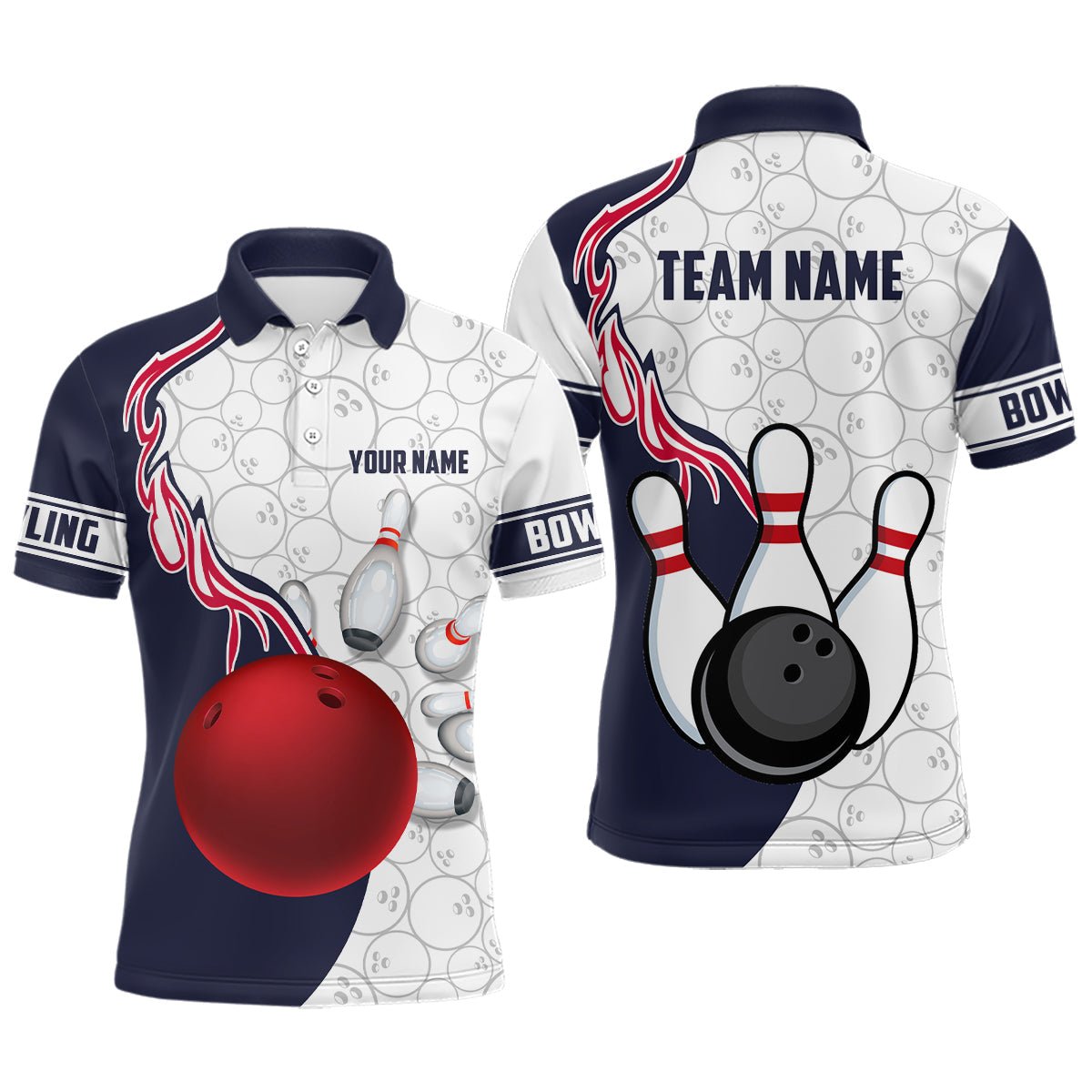 Schwarzes und weißes Bowling-Quarter-Zip-Shirt für Herren - Individuelles Flammen-Bowlingkugel-Streik-Team-Liga-Trikot Q6717