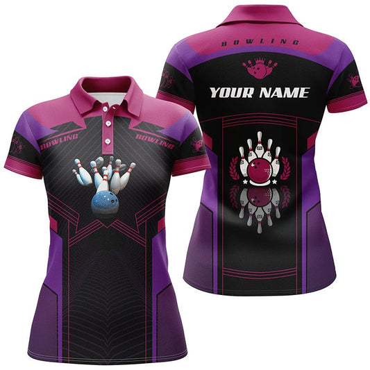 Personalisierte lila Kurzarm-Polo-Bowling-Shirts für Frauen, individuelles Geschenk für Mädchen-Bowler Q4623 - Climcat