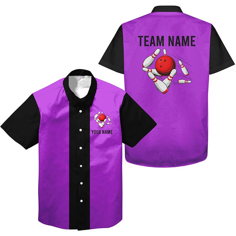 Personalisierte Lila Schwarze Retro Bowling-Hawaiihemden - Individuell gestaltete Vintage-Teamhemden mit Knopfleiste Q6803 - Climcat