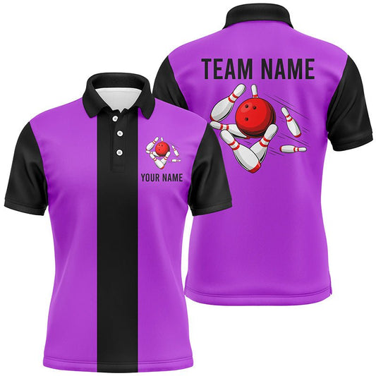 Personalisierte Lila Schwarze Retro Bowling Polo Shirts für Herren - Individuelle Vintage Bowling Team Trikots Q6803 - Climcat