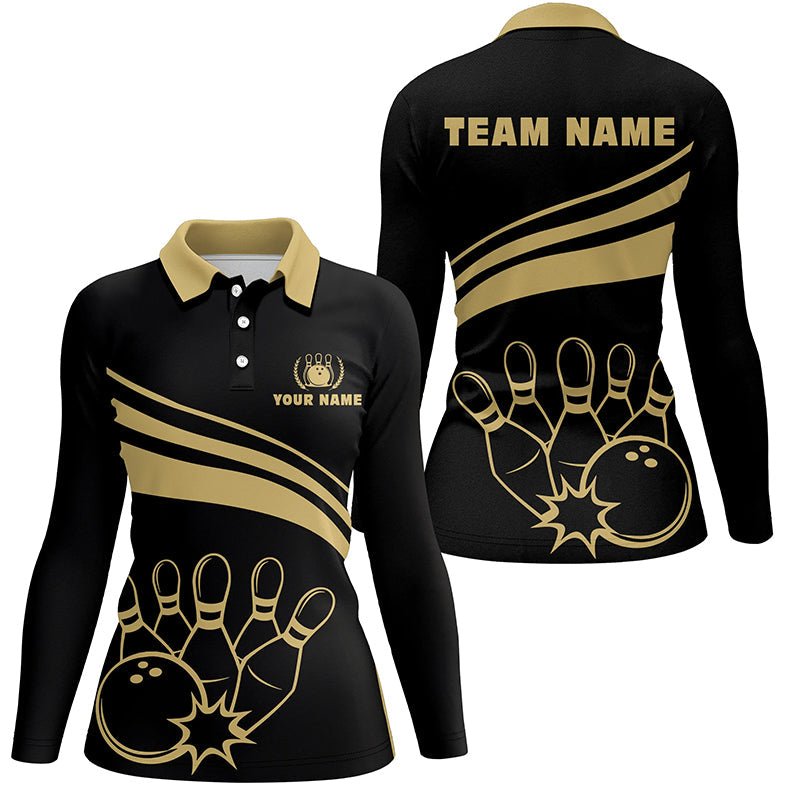Personalisierte Polo-Bowling-Shirts für Damen, individuelle goldene Damen-Bowling-Shirts für Team-Bowl-Jersey | Schwarz Q6708 - Climcat