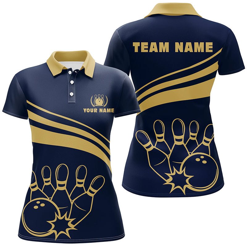 Personalisierte Polo-Bowling-Shirts für Damen, individuelle goldene Damen-Bowling-Shirts, Team-Bowl-Jersey | Marineblau Q6707 - Climcat