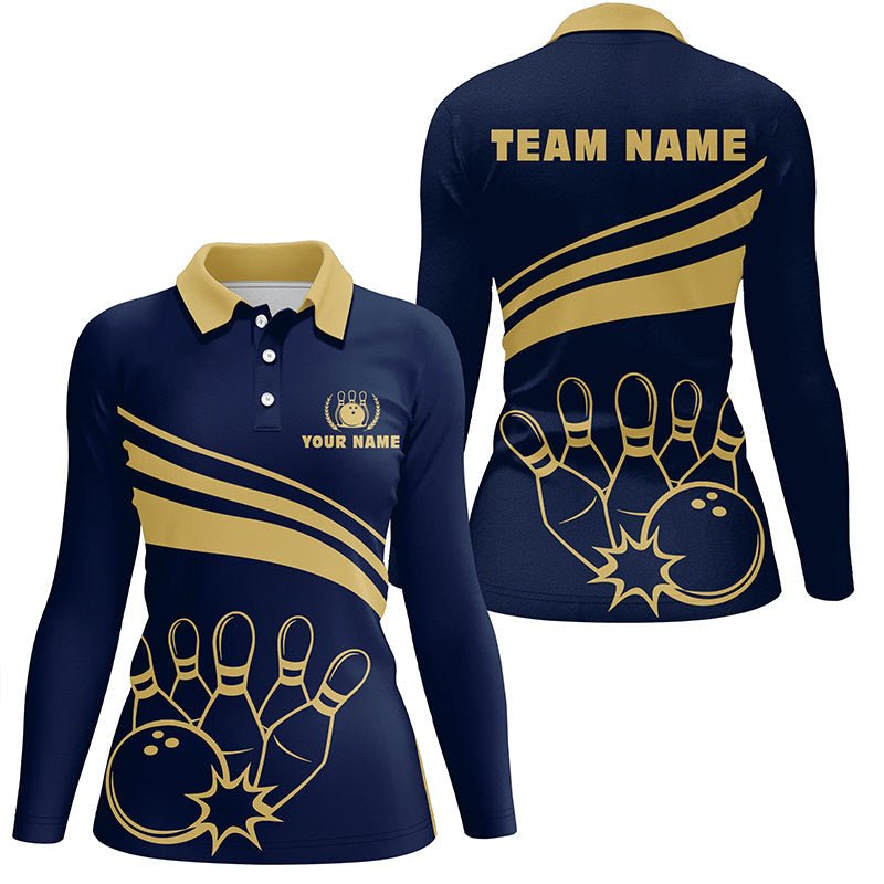 Personalisierte Polo-Bowling-Shirts für Damen, individuelle goldene Damen-Bowling-Shirts, Team-Bowl-Jersey | Marineblau Q6707 - Climcat