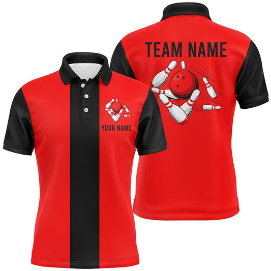 Personalisierte Rot Schwarze Retro Bowling Polo Shirts für Herren - Individuelle Vintage Bowling Team Trikots Q6881 - Climcat