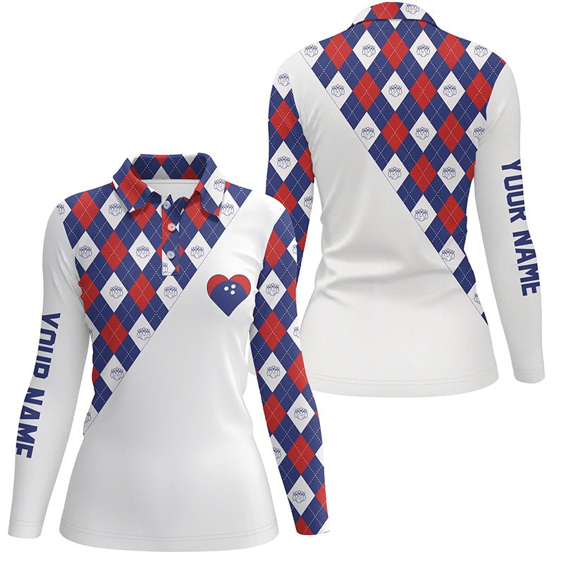 Personalisierte rot-weiß-blaue Argyle-Muster Polo-Bowling-Shirts für Frauen, Bowling-Herz Trikots Q6710 - Climcat