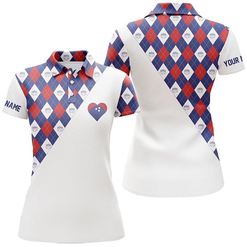Personalisierte rot-weiß-blaue Argyle-Muster Polo-Bowling-Shirts für Frauen, Bowling-Herz Trikots Q6710 - Climcat