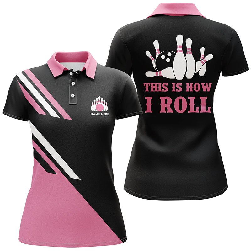 Personalisierte schwarze Damen-Bowling-Poloshirts | Pink Q5968 | Individuelle Bowling-Shirts für Frauen - Climcat