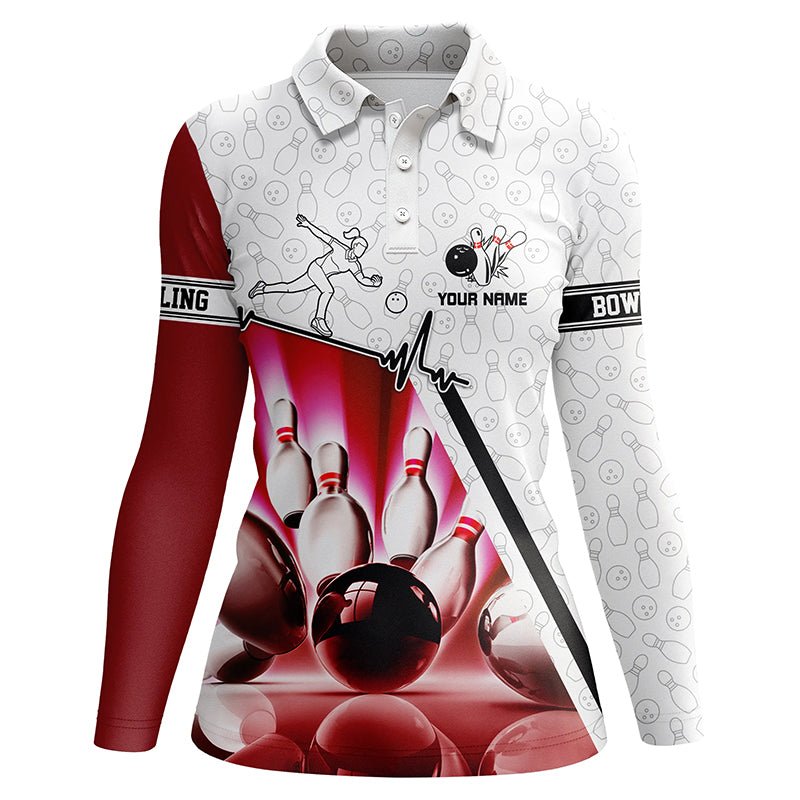 Personalisierte Tarnmuster Bowling Polo Shirts für Damen, Bowlingkugel Pins Individuelles Bowling Team Shirt | Pink Q5970 - Climcat