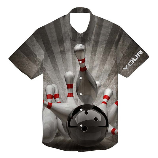 Personalisierte Vintage-Bowlinghemden mit individuellem Namen, schwarz, Hawaiianische Bowlinghemden, Bowlingkugel und Pins Q4515 - Climcat