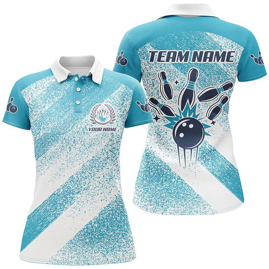 Personalisierte Vintage Retro Bowling Polo Shirts für Damen | Maßgeschneiderte Bowling Team Liga Trikots | Blau Q6904 - Climcat