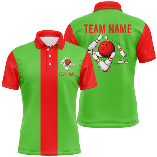 Personalisierte Weihnachts-Bowling-Polo-Shirts in Rot und Grün für Herren - Vintage-Bowling-Trikots für individuelle Bowlingteams Q6882 - Climcat