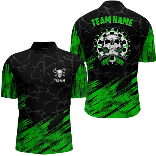 Personalisiertes 3D All Over Print Totenkopf-Darts-Quarter-Zip-Shirt für Herren in Grün und Schwarz, Darttrikots t6853 - Climcat