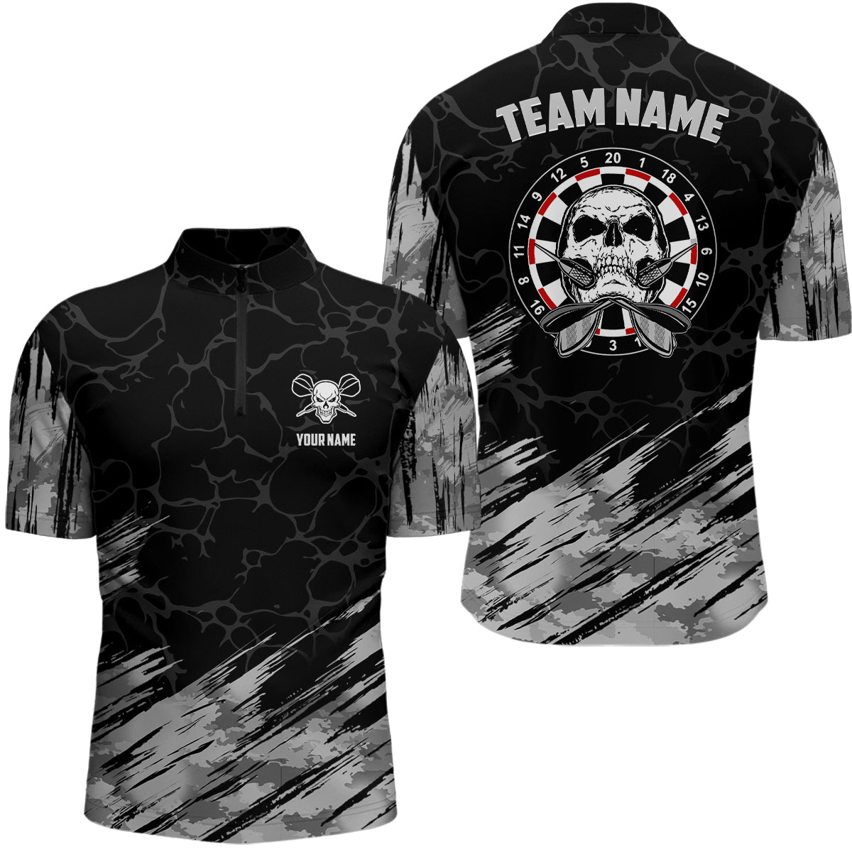 Personalisiertes All Over Print Dart-Shirt mit Totenkopf-Motiv, grau-schwarzes Dart-Trikot für Herren F917 - Climcat
